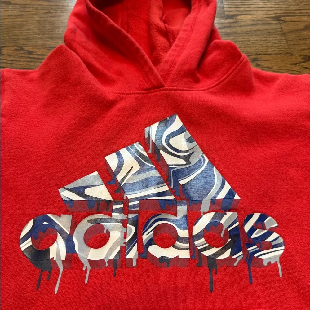 Adidas Kids Red Pullover Hoodie with Graphic Logo, Size M (10/12)